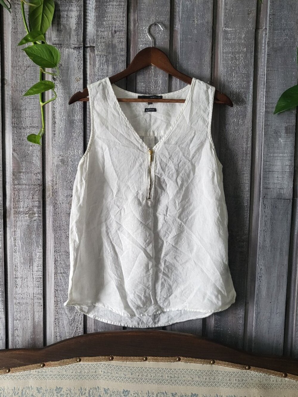 White Pure Linen Zipper Tank Top M Sleeveless Blouse